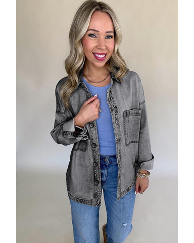 Medium Grey Mineral Wash Patched Pocket Split Denim Jacket - S