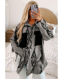 Gray Aztec Contrast Chest Pockets Loose Shacket - M