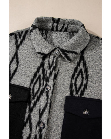 Gray Aztec Contrast Chest Pockets Loose Shacket - S