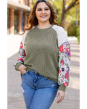 Vineyard Green Plus Size Textured Floral Patchwork Raglan Sleeve Blouse - 3X