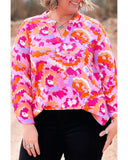 Pink Plus Size Abstract Floral Print V Neck Blouse - 2X