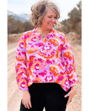 Pink Plus Size Abstract Floral Print V Neck Blouse - 2X