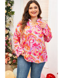 Pink Plus Size Abstract Floral Print V Neck Blouse - 2X