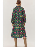 Green Horse Printed Long Sleeve Collared Buttoned Plus Size Midi Dress - 1X