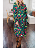 Green Horse Printed Long Sleeve Collared Buttoned Plus Size Midi Dress - 1X