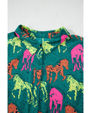 Green Horse Printed Long Sleeve Collared Buttoned Plus Size Midi Dress - 1X