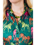 Green Horse Printed Long Sleeve Collared Buttoned Plus Size Midi Dress - 3X