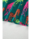 Green Horse Printed Long Sleeve Collared Buttoned Plus Size Midi Dress - 4X