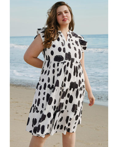 White Polka Dot Print Ruffled Sleeve Pocketed Plus Size Midi Dress - 4X