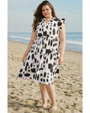 White Polka Dot Print Ruffled Sleeve Pocketed Plus Size Midi Dress - 4X