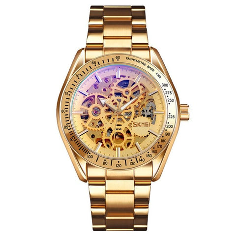 Golden Steel Band Automatic Skeleton Watch For Men