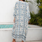 Ladies Beach Vacation Printed Shawl Bikini Sun Protection Cardigan Blouse - Size One Size - Blue