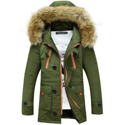 Long Section Cotton Suit Men Plus Velvet Thick Warm Jacket Large Fur Collar Coat Lovers Jacket - Size Xl - Green