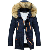 Long Section Cotton Suit Men Plus Velvet Thick Warm Jacket Large Fur Collar Coat Lovers Jacket - Size S - Navy