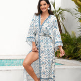 Ladies Beach Vacation Printed Shawl Bikini Sun Protection Cardigan Blouse - Size One Size - Red