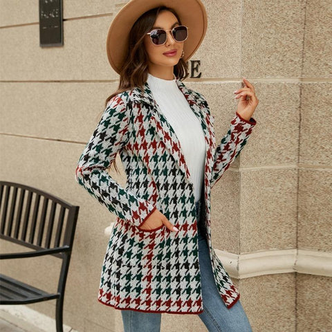 Autumn And Winter Long Sweater Collision Colour Knitted Cardigan Trench Coat - Houndstooth - L