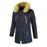 Long Section Cotton Suit Men Plus Velvet Thick Warm Jacket Large Fur Collar Coat Lovers Jacket - Size Xl - Navy