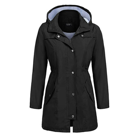 Casual Women Waterproof Waist Hooded Long Coat - Size XL - Black