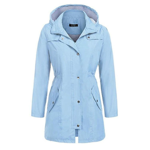 Casual Women Waterproof Waist Hooded Long Coat - Size S - Sky Blue