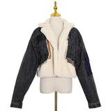 Plush Thick Denim Stitching Lamb Fur Lapel Cotton Jacket - Black L