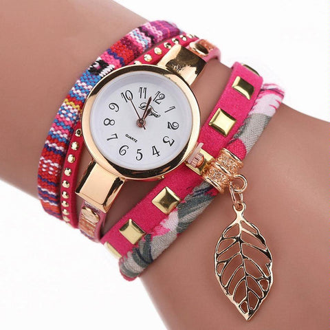 Leaf Pendant Quartz Bracelet Watch for Women - Rose Red
