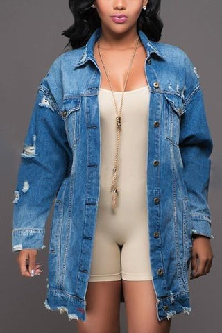 Women Plus Size Mid-Length Ripped Denim Trench Coat Xl