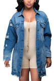Women Plus Size Mid-Length Ripped Denim Trench Coat Xl