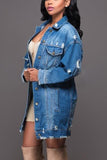 Women Plus Size Mid-Length Ripped Denim Trench Coat Xl