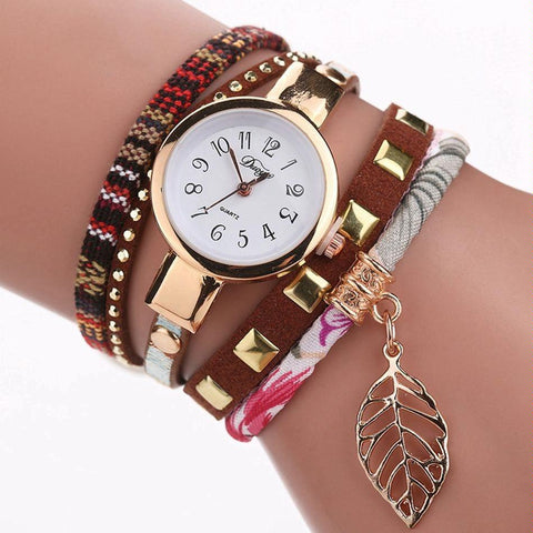 Leaf Pendant Quartz Bracelet Watch for Women - Brown