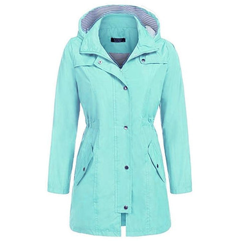 Casual Women Waterproof Waist Hooded Long Coat - Size S - Water Blue