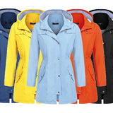 Casual Women Waterproof Waist Hooded Long Coat - Size S - Water Blue