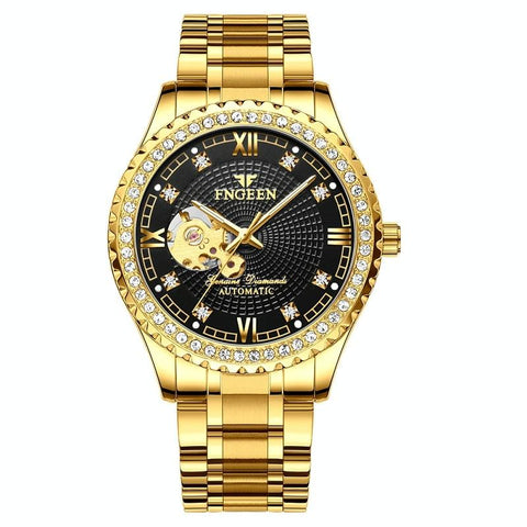 Gold Automatic Mechanical Watch With Diamond Accents For Men