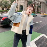 Plush Thick Denim Stitching Lamb Fur Lapel Cotton Jacket - Blue Xl