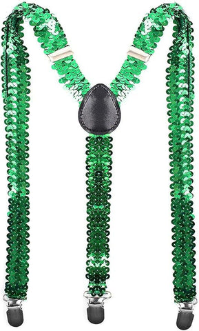 SEQUIN SUSPENDERS Unisex Adjustable Braces Clip On Elastic Y-Back  - Green