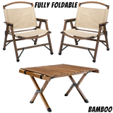 Bamboo Foldable Camping Table + 2 Chairs Waterproof Wood Wooden Travel Set Kit