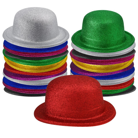 24x GLITTER BOWLER HAT Fancy Party Plastic Costume Cap Fun Dress Up Sparkle BULK - Assorted Colours In Australia - Darrahopens