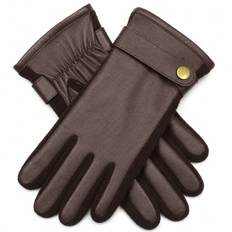 Mens Premium Kangaroo Leather Gloves Strap Stud Fastening Winter Warm - Brown
