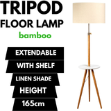 165cm Large Extendable Bamboo Tripod Floor Lamp Linen Shade Shelving