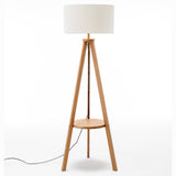 Natural Wooden Tripod Floor Lamp w/ Round Wood Shelf + Off White Linen Shade