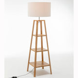 Eiffel 3 Tier Natural Wood Floor Lamp w/ Storage Shelves + Off White Linen Shade