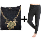 2pcs Set Womens Merino Wool Blend Pants & Top Underwear Leggings Thermal Thermals - Black - 18-20