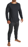 2pcs Set Mens Merino Wool Blend Long Sleeve Thermal Top & Long Johns Pants Underwear - Black - L