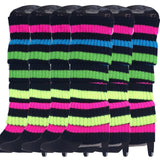 6x Womens Leg Warmers Disco Winter Knit Dance Party Crochet Legging Socks Costume - Rainbow with Black Stripe
