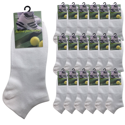 24x COTTON ANKLE SOCKS Sport Low Cut Mens Womens Running  BULK Anklet - White - 6-11