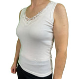 Ladies Sleeveless Singlet Top Womens Summer Basic Tank Shirt Lace Motif Front - Natural - 10-12