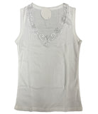 Ladies Sleeveless Singlet Top Womens Summer Basic Tank Shirt Lace Motif Front - Natural - 14-16