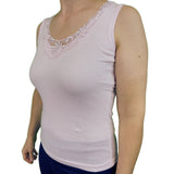Ladies Sleeveless Singlet Top Womens Summer Basic Tank Shirt Lace Motif Front - Pink - 12-14