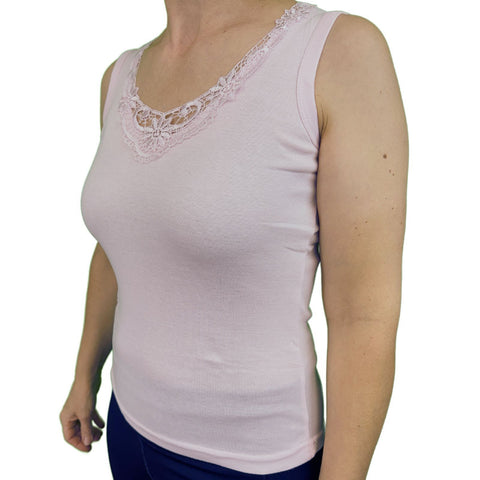 Ladies Sleeveless Singlet Top Womens Summer Basic Tank Shirt Lace Motif Front - Pink - 16-18