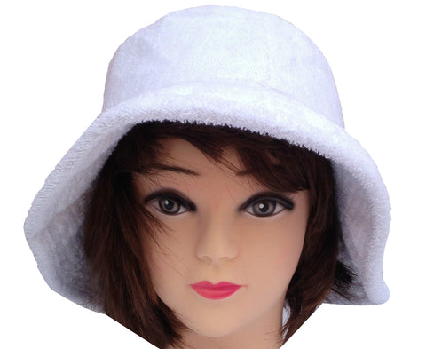Terry Towelling BUCKET HAT Daggy Fishing Camping Lad Cap Retro  100% COTTON - White - Small