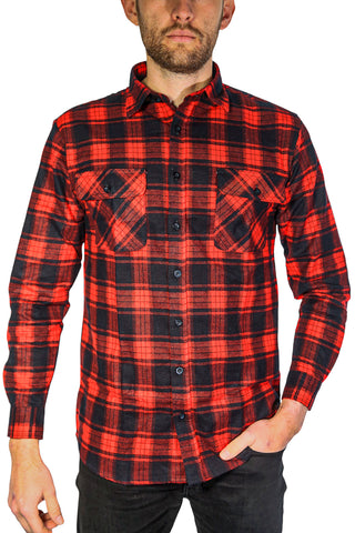 Mens Flannelette Long Sleeve Shirt 100% Cotton Check Authentic Flannel - Full Placket - Red - L